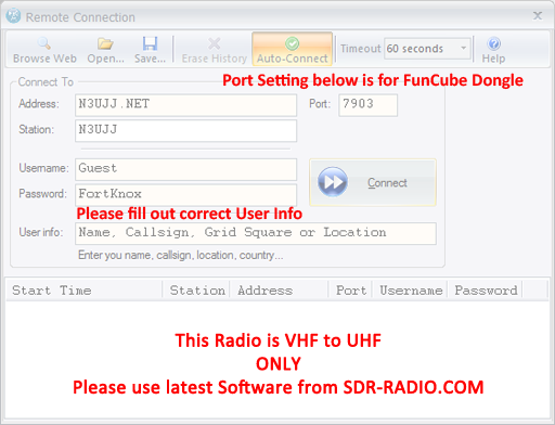 SDR-RADIO Logon Screen for the Future FunCube Dongle