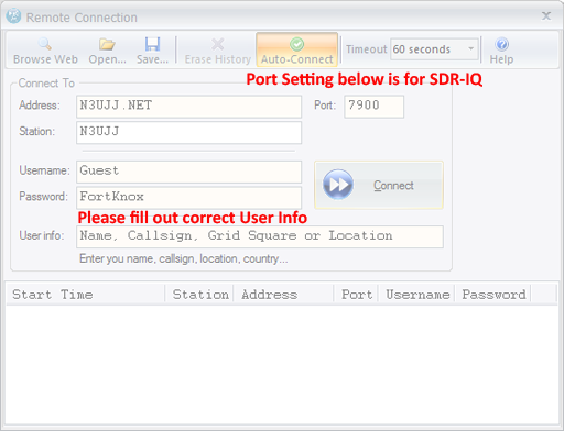 SDR-RADIO Logon Screen for the SDR-IQ