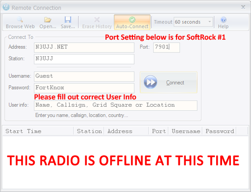 SDR-RADIO Logon Screen for the SoftRock #1