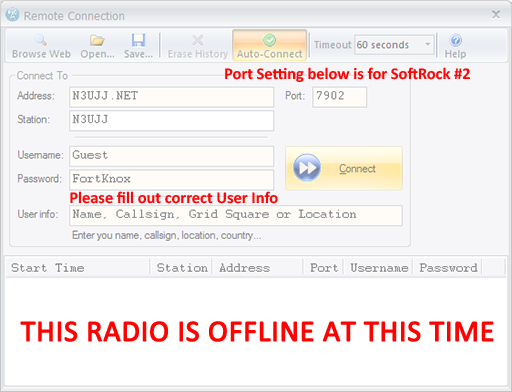 SDR-RADIO Logon Screen for the SoftRock #2